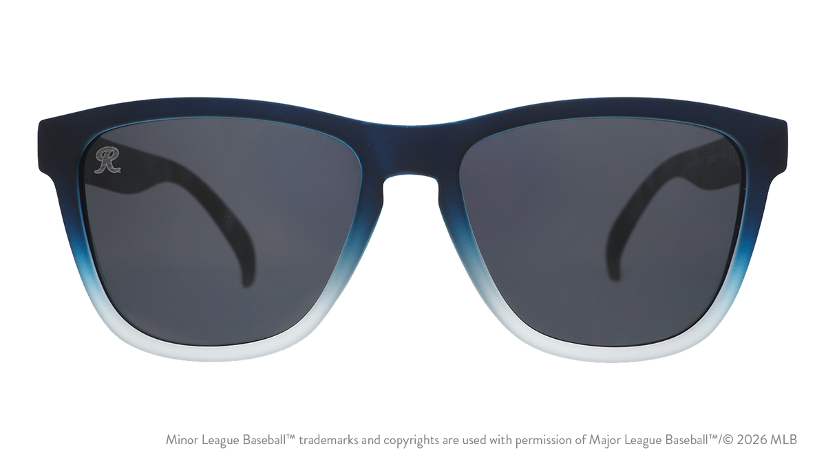 Front view of sunglasses. Gray front frame. Black non-reflective lenses. Rainiers logo etching in top corner of lens.