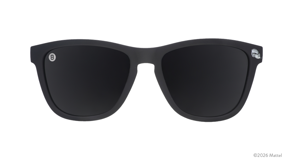 Front view of black Magic 8 Ball sunglasses featuring black non-reflective lenses and a classic 8 Ball etched on the lens.