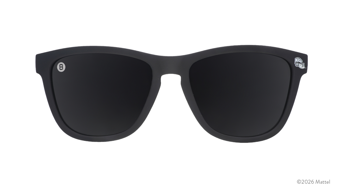 Front view of black Magic 8 Ball sunglasses featuring black non-reflective lenses and a classic 8 Ball etched on the lens.