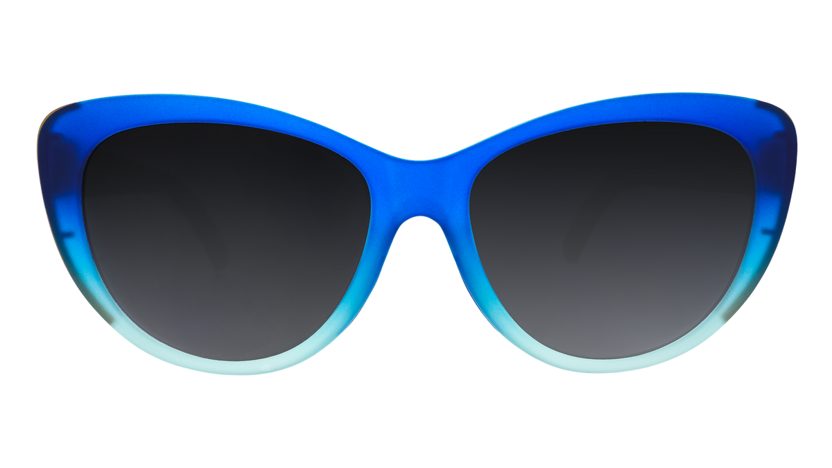 Front view of translucent peacock blue ombré cat-eye Glam G frames with green gradient lenses.
