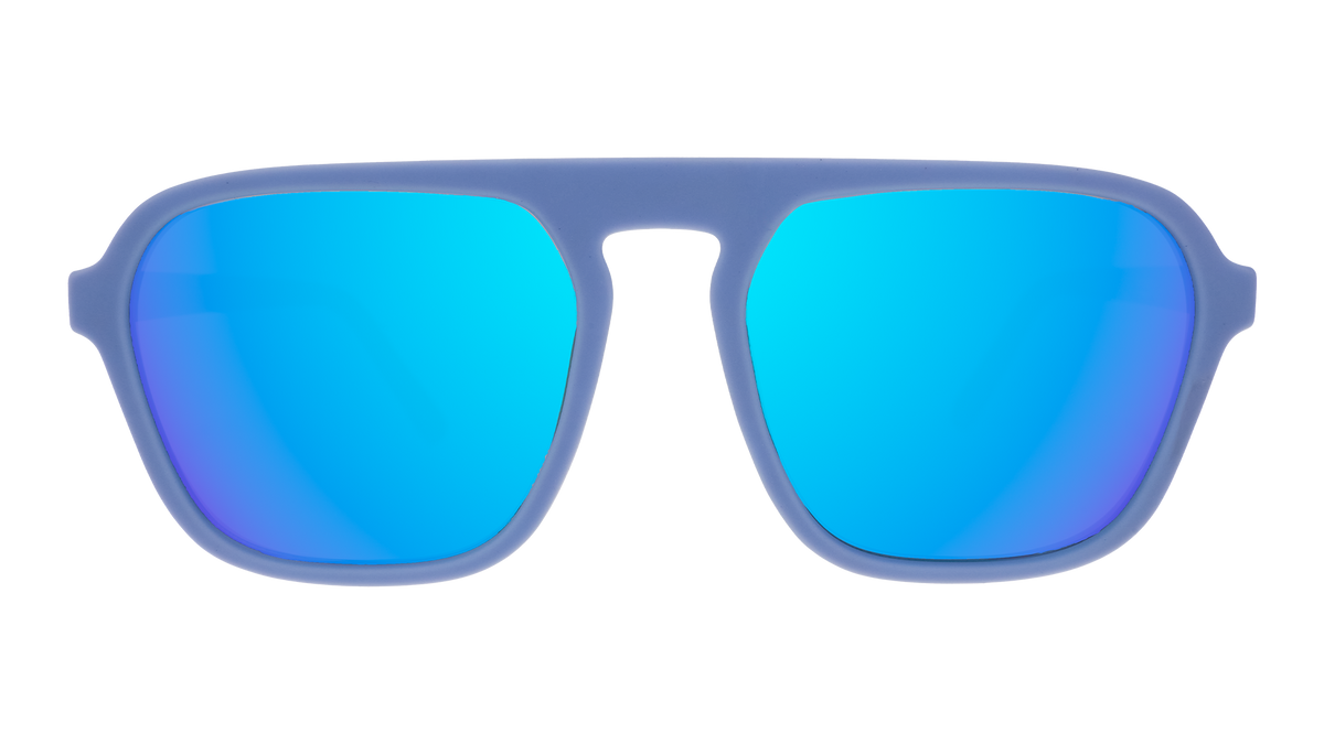 Front view of light blue retro-inspired aviator sunglasses with blue reflective lenses.