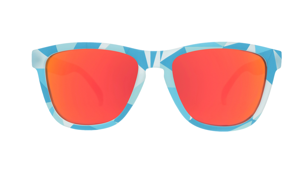 Front view of translucent blue, geometric-patterned sunglasses with burnt orange reflective lenses.