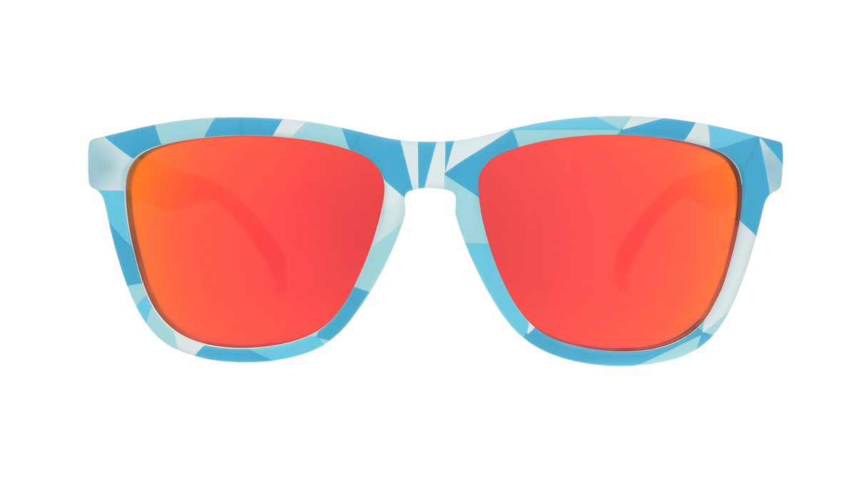 Front view of translucent blue, geometric-patterned sunglasses with burnt orange reflective lenses.