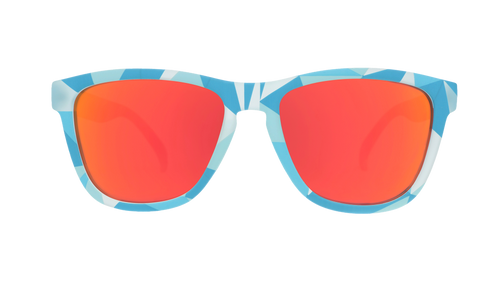 Front view of translucent blue, geometric-patterned sunglasses with burnt orange reflective lenses.