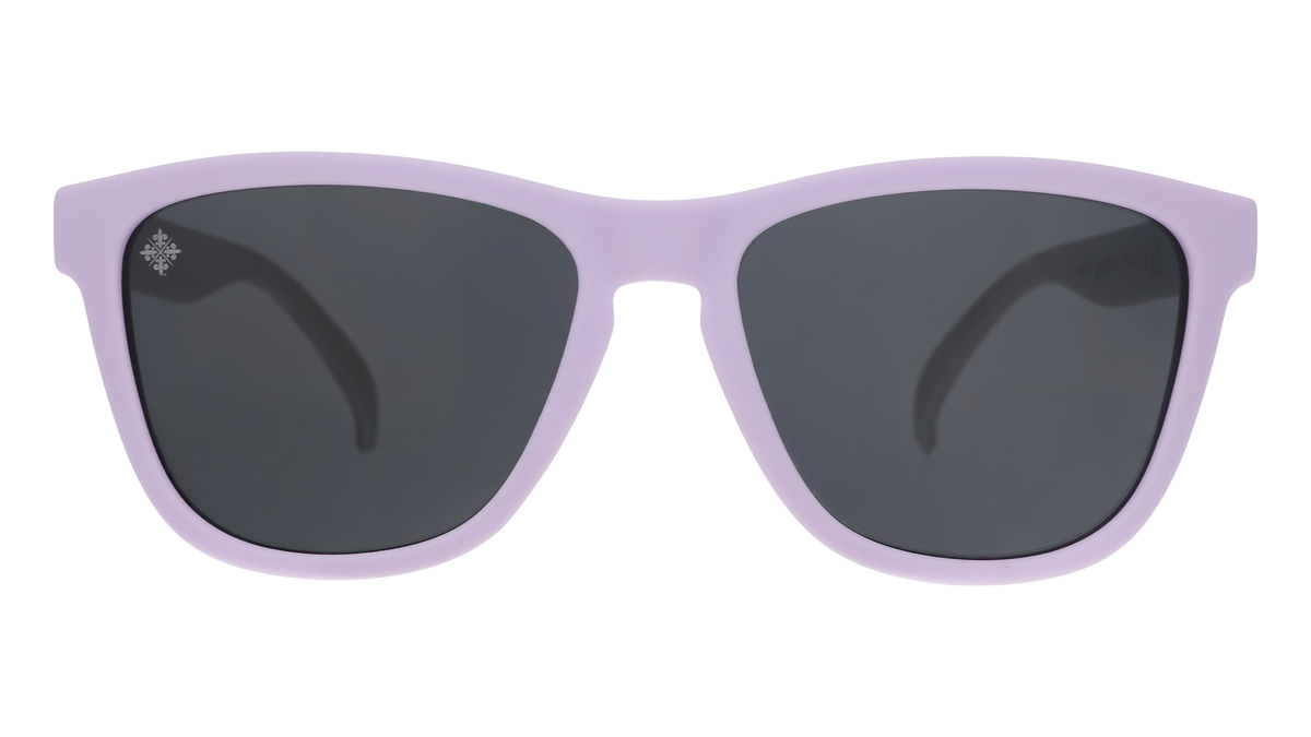Front view of lavender and mint sunglasses with black lenses and the Racing Louisville logo etched into the right lens.