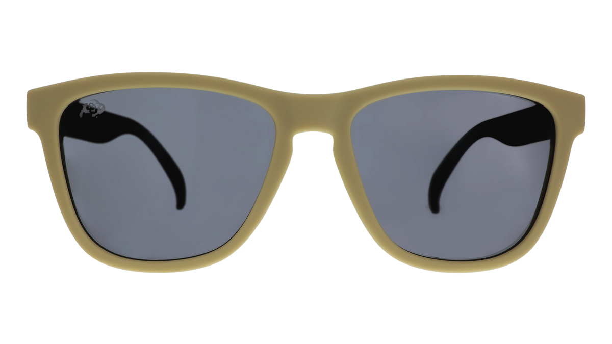 Front view of light brown and black sunglasses with black lenses.