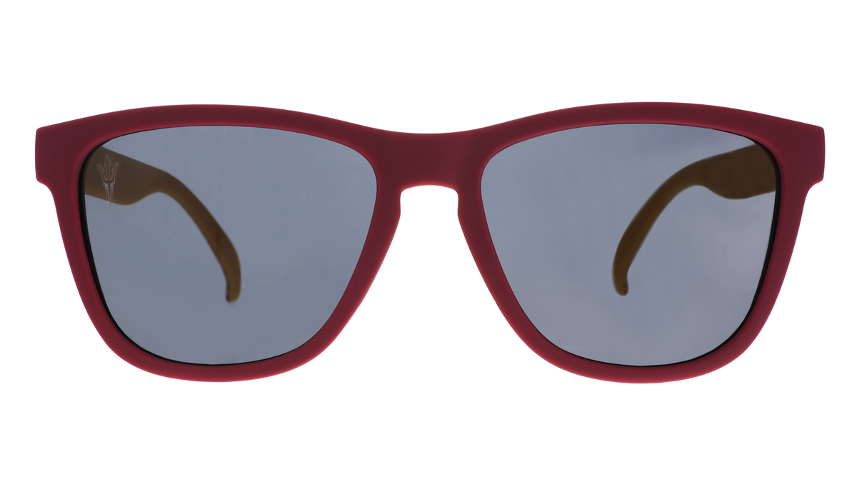 Front view of dark red and yellow sunglasses with black lenses.