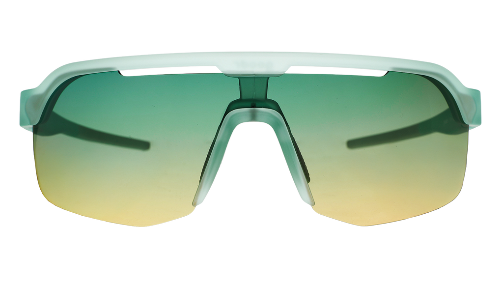 Shield-style sports sunglasses with a translucent mint green frame and gradient green-to-gold mirrored lenses, shown on a plain white background.