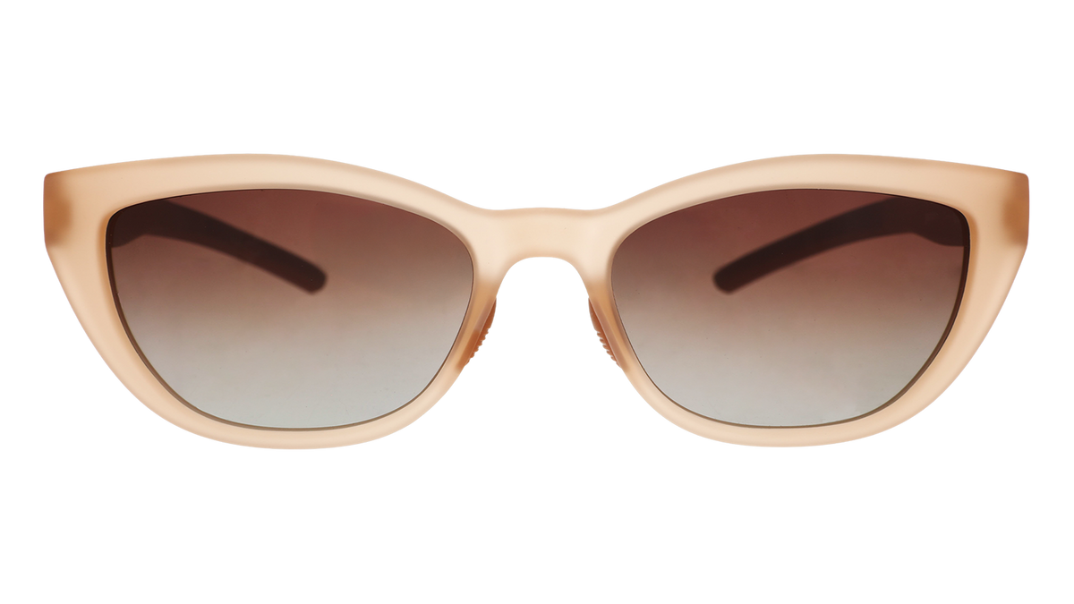 Front angle view of a pair of translucent brown cat-eye Cheetah Gs with brown gradient lenses.