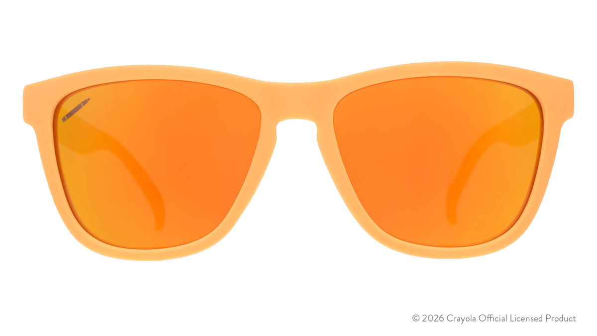 Front view of tan sunglasses. Tan front frame w/ amber reflective lenses+small crayon etching in top corner of lens.