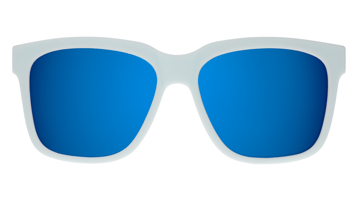 Front view of light blue sunglasses with blue lenses designed to float in water.