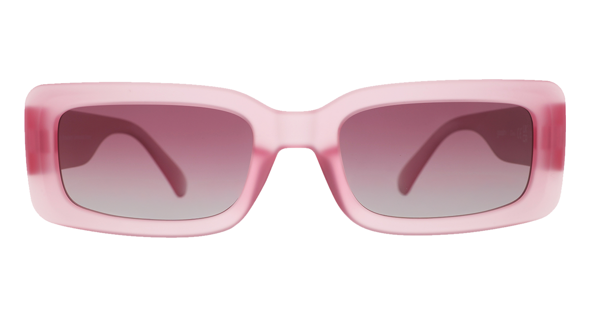 Front view of translucent rectangular pink Luxe G sunglasses with purple gradient lenses.