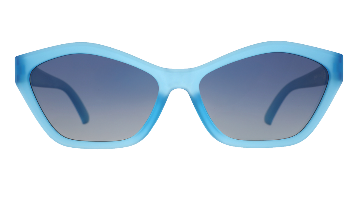 Front view of a pair of translucent blue geometric cat-eye Deco G sunnies with blue gradient lenses.
