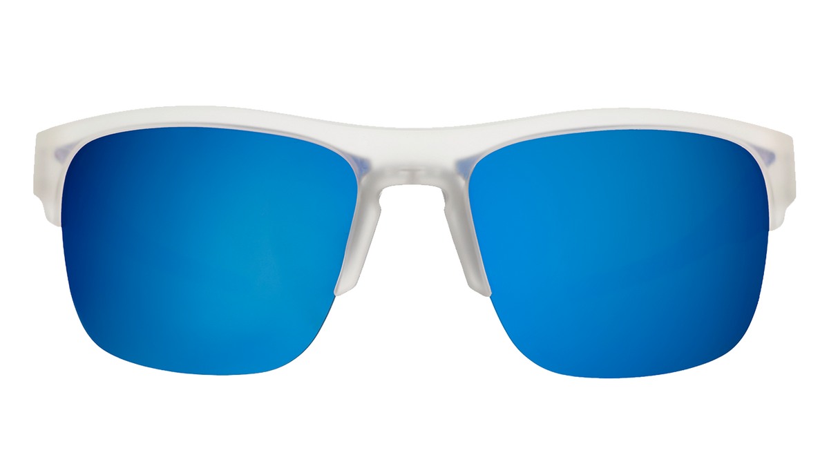 Front view of sunglasses. Clear front frame with blue reflective lenses on a white background.