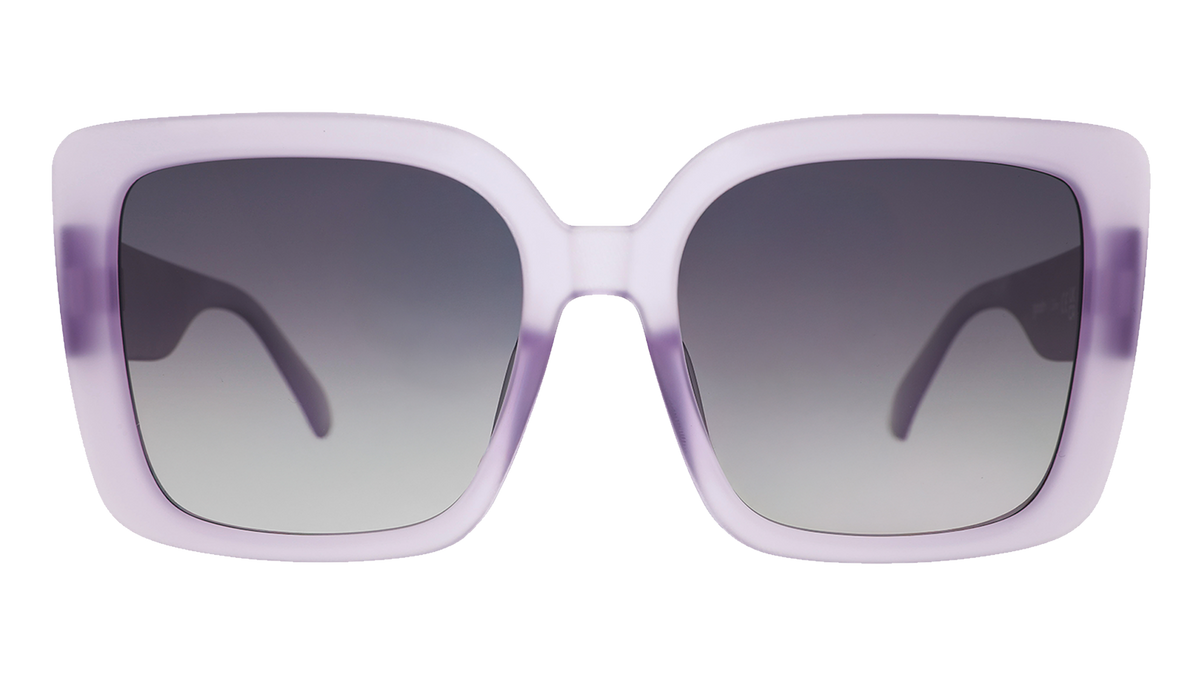 Front view of translucent pale purple oversized square Amp G sunnies with black gradient lenses.