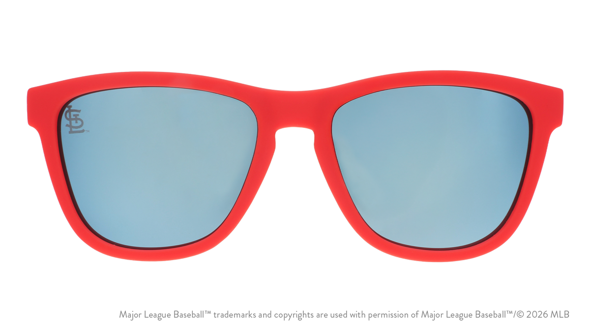 Front view of Cardinals shades with red faceplate. Ice blue reflective lenses have the StL logo etched on the left lens.