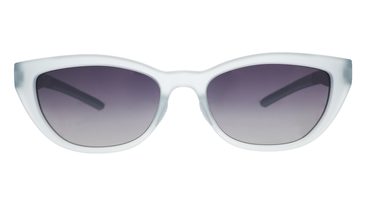 Front view of light blue cat-eye sunglasses with gradient violet lenses against a white background.