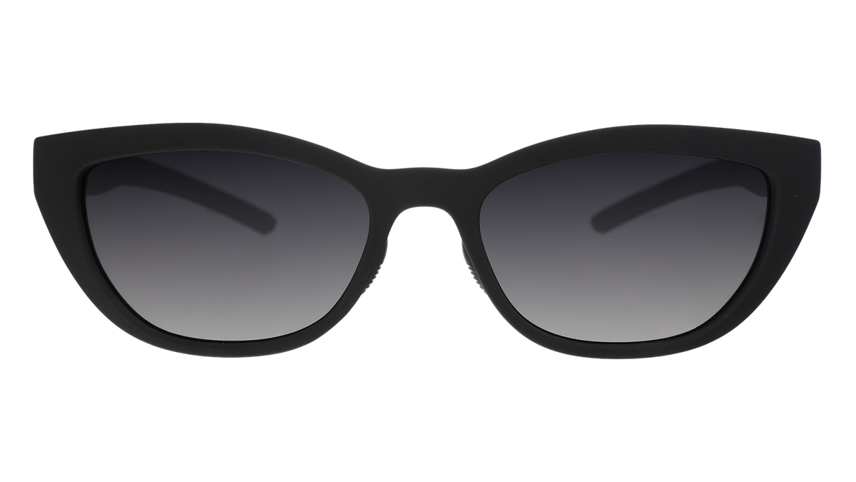 Front angle view of a pair of black cat-eye Cheetah G shades with black gradient lenses.