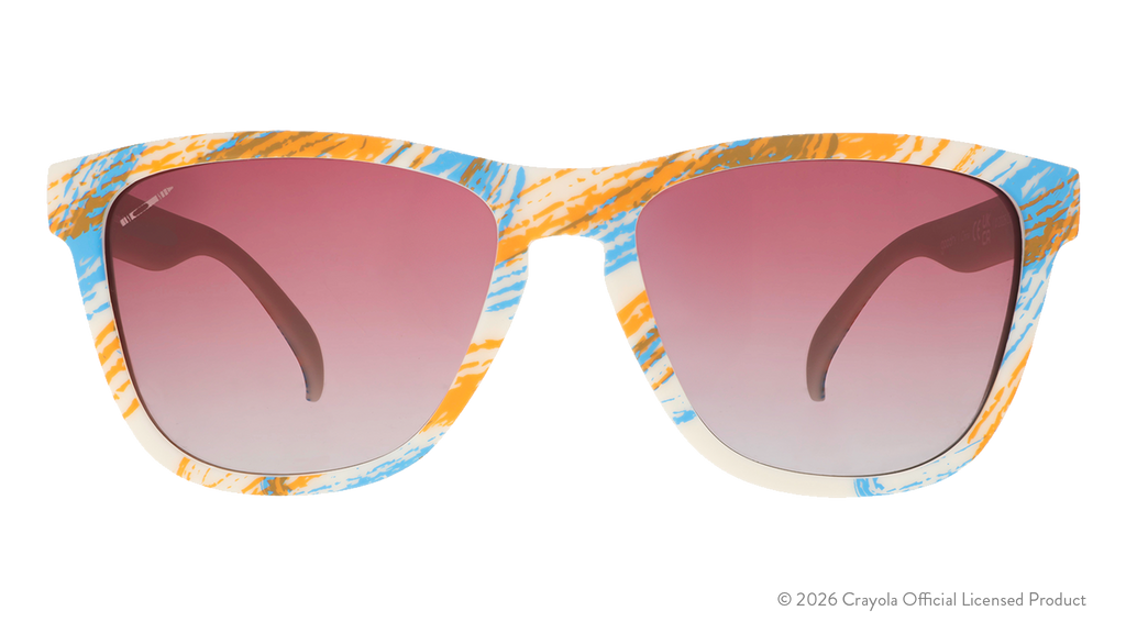 Front view of Crayola goodr UV-activated Summertime sunglasses with tan-to-magenta frames & rose ocean gradient lenses.