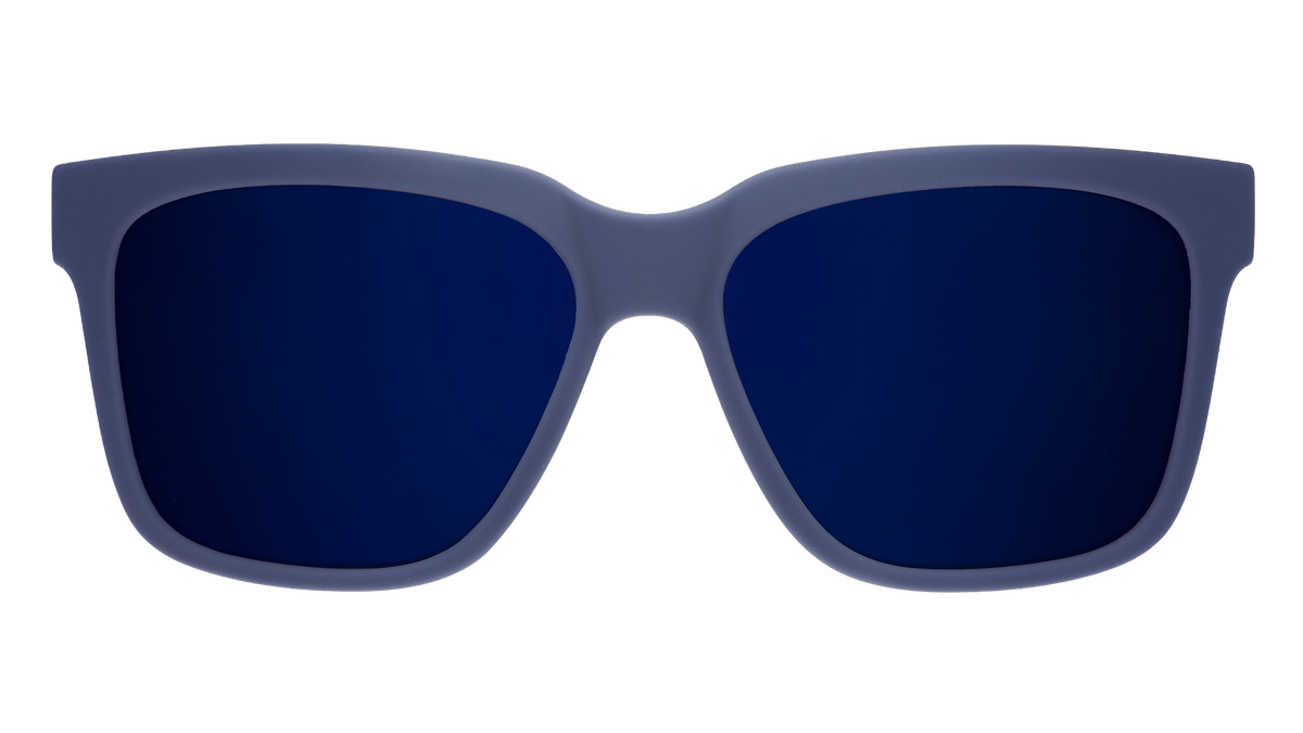 Front view of dark blue sunglasses with dark blue lenses designed to float in water.