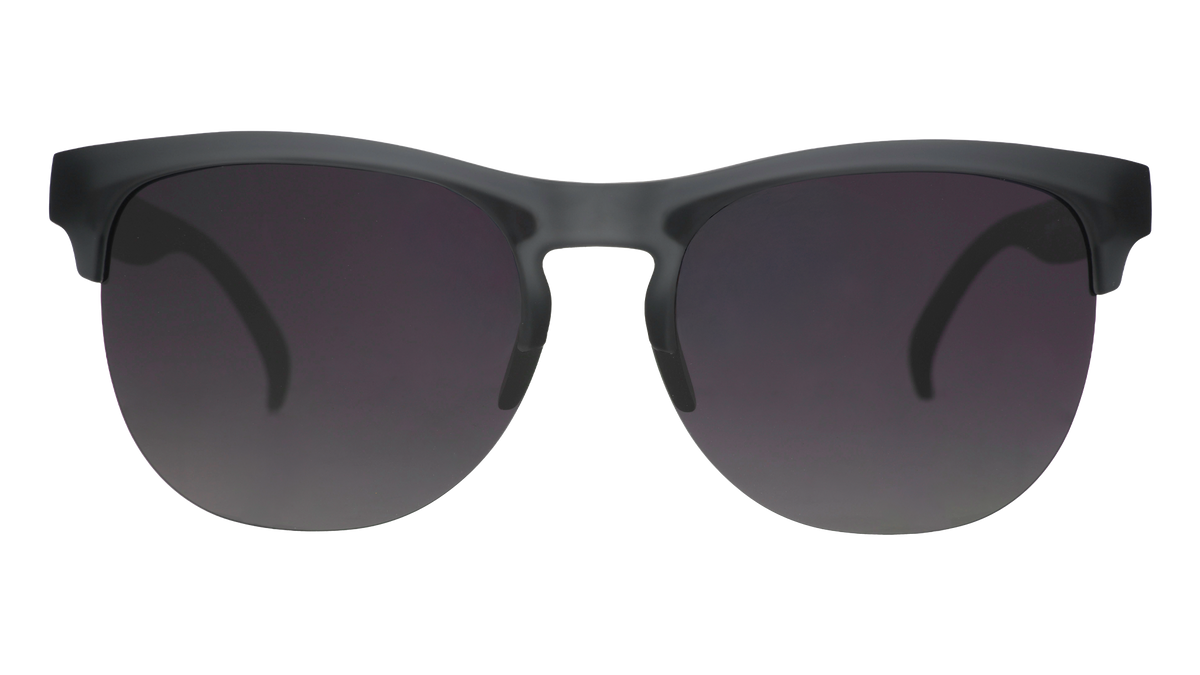 Front view of gray translucent half-rim sunglasses featuring gradient gray lenses.