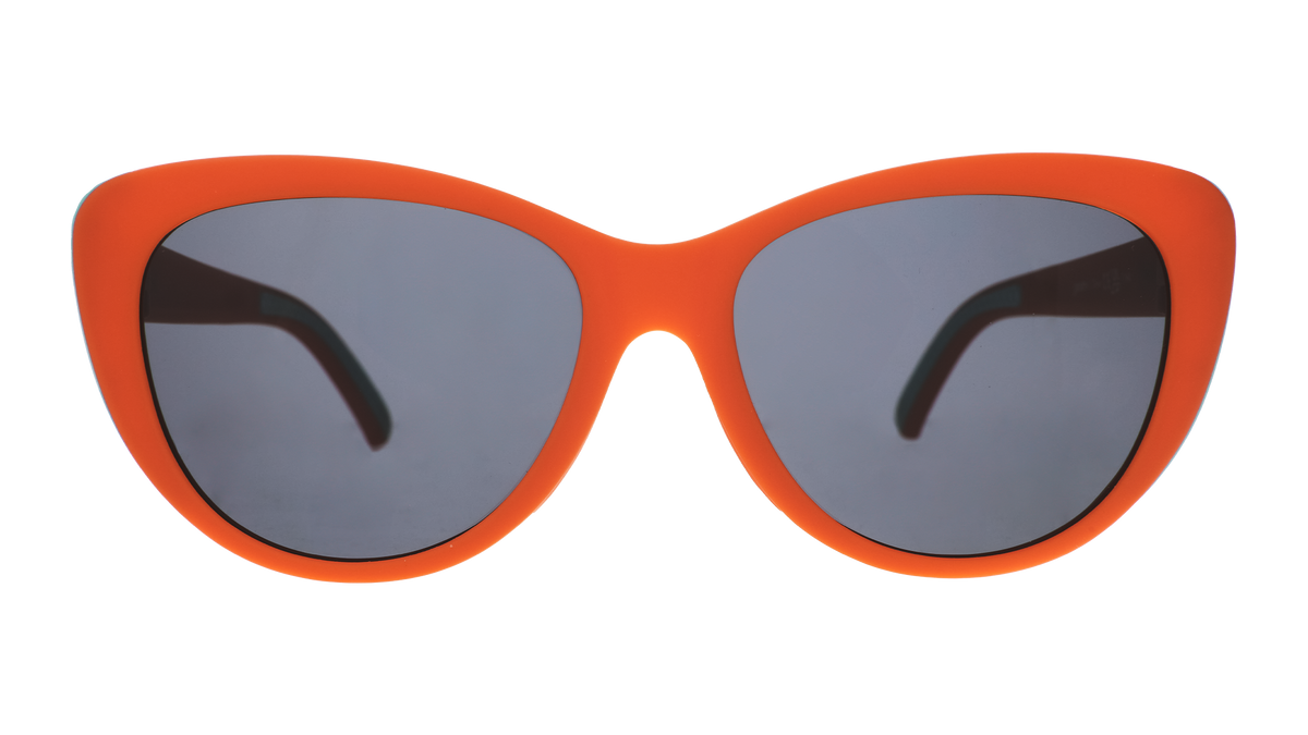Front view of red cat-eye sunglasses with black non-reflective lenses.