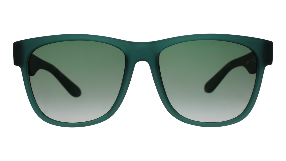 Front view of large dark teal sunglasses with green gradient lenses.