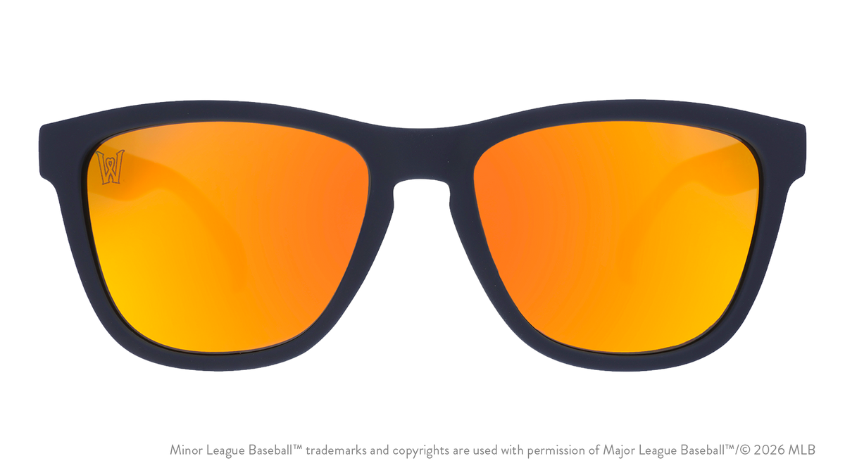 Front view of shades. Blue front frame. Amber reflective lenses. Worcester Red Sox logo etching in top corner of lens.