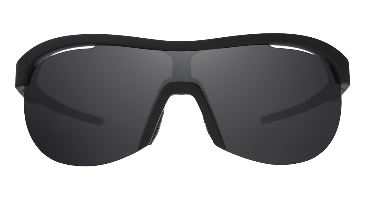 Front view of black wrap shield sunglasses with black polarized lenses against a white background.