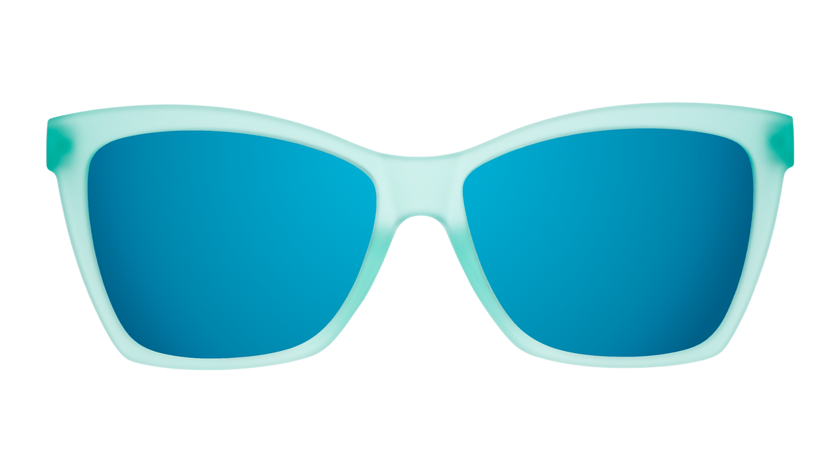 Front view of translucent teal angular sunglasses with reflective teal lenses.