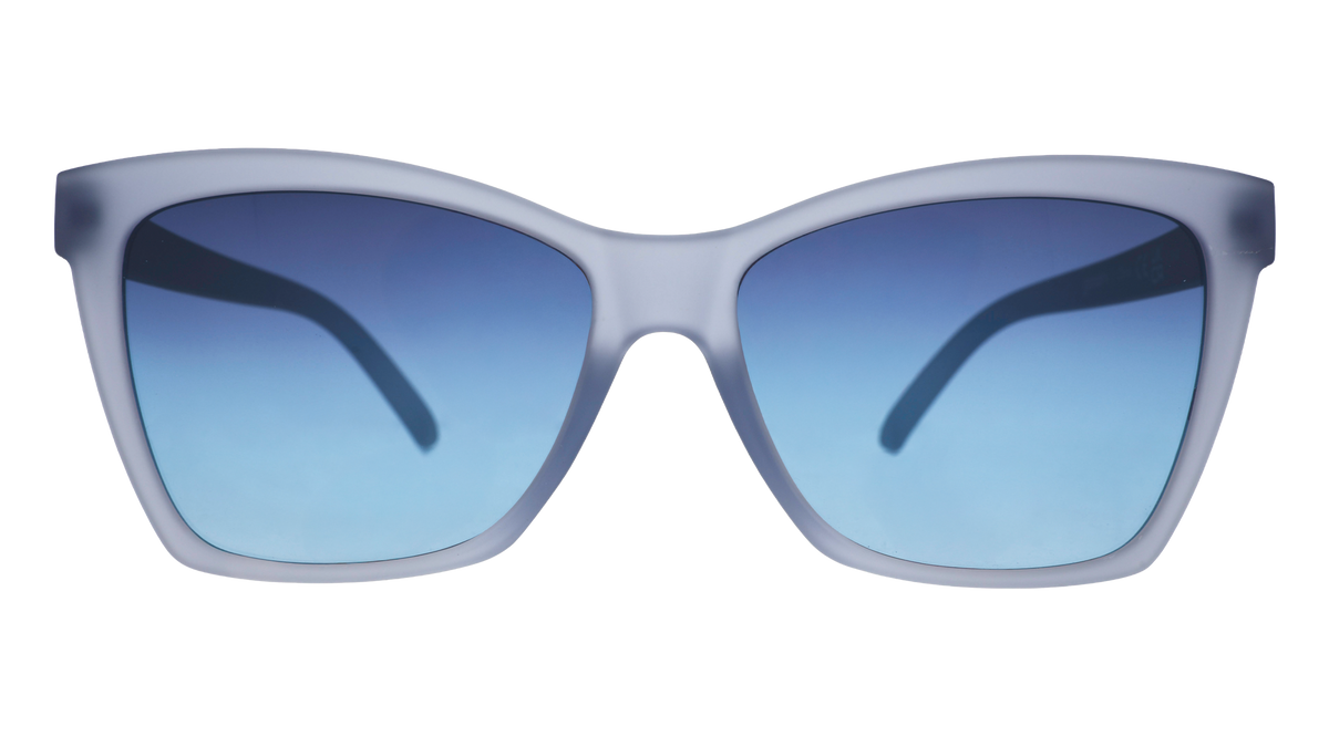 Front view of translucent pale blue Pop Gs with blue gradient lenses.