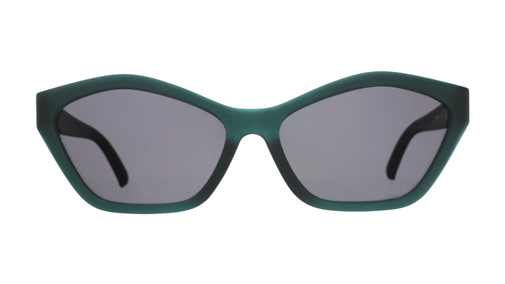 Front view of translucent, dark green angular Deco G sunglasses with black non-reflective lenses.