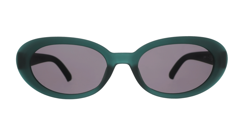 Front view of translucent dark green oval-shaped Beat G sunglasses with black non-reflective lenses.