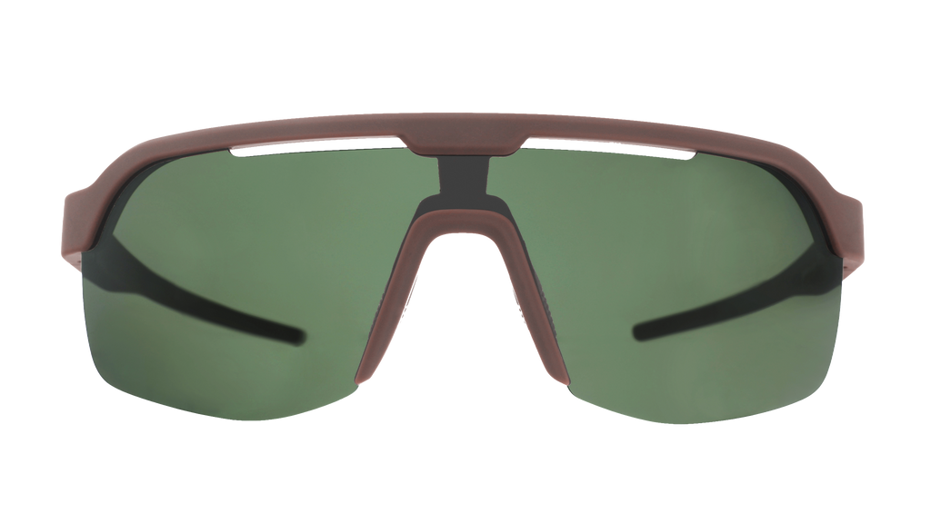 Front view of brown wraparound Bolt G sunglasses with non-reflective, green vented lenses.