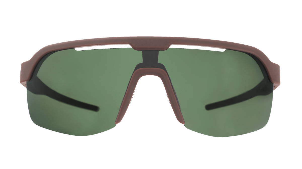 Front view of brown wraparound Bolt G sunglasses with non-reflective, green vented lenses.