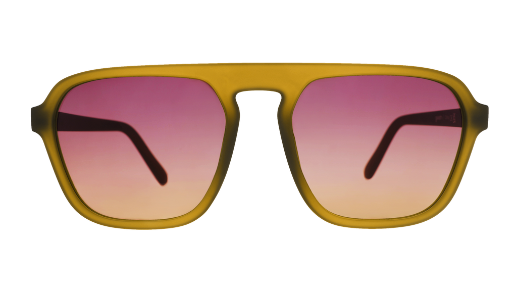Front view of translucent dusted-ochre Retro G sunglasses with purple-yellow gradient lenses.