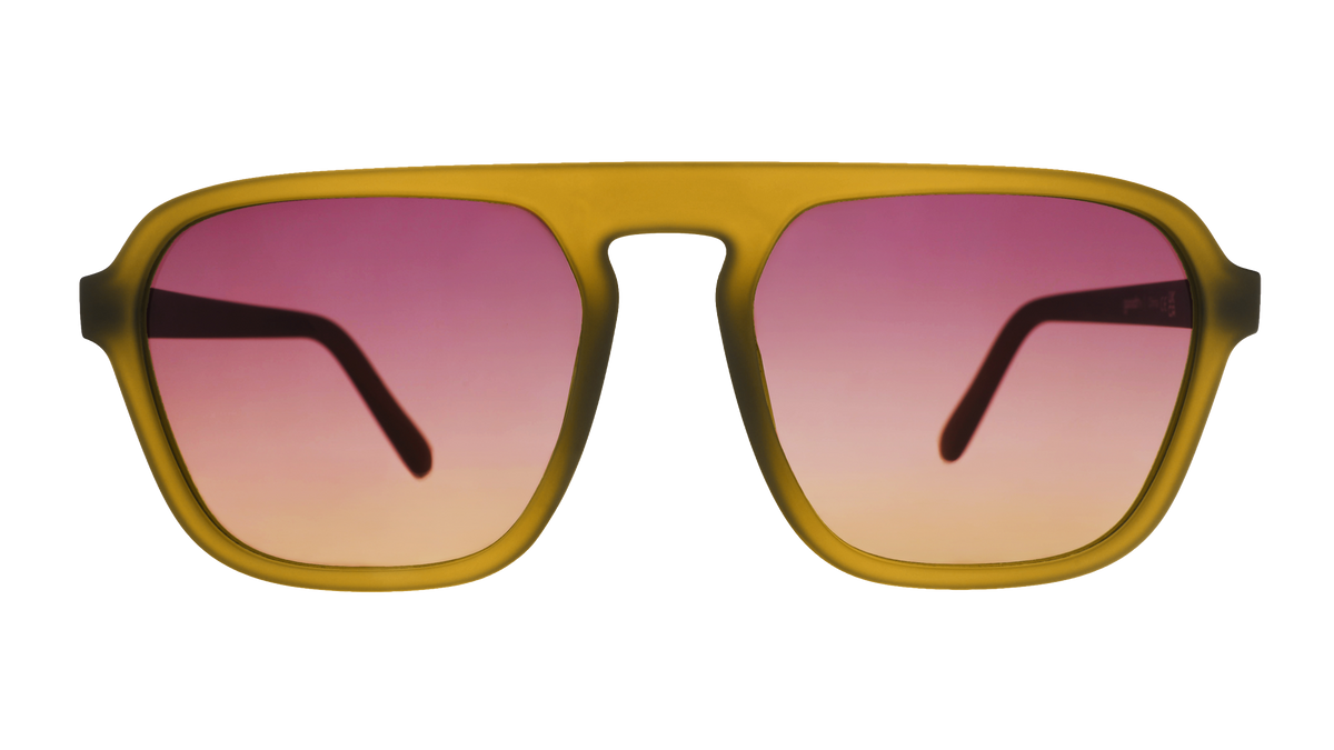 Front view of translucent dusted-ochre Retro G sunglasses with purple-yellow gradient lenses.
