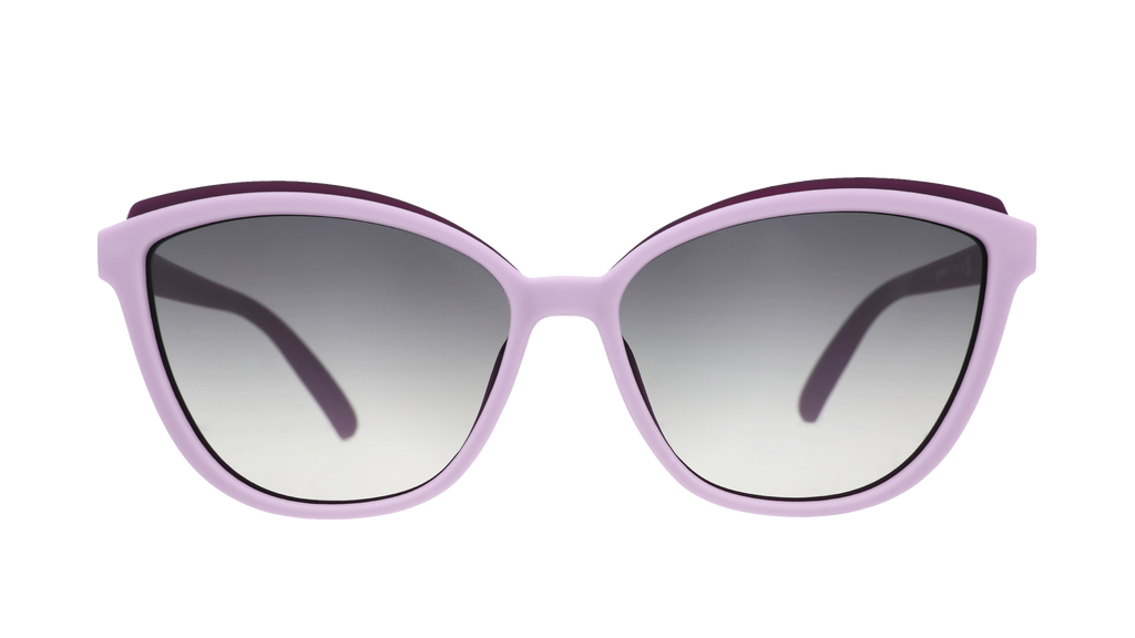 Front view of lavender cat-eye Pounce G sunglasses with dark purple accents and dark gray gradient lenses.