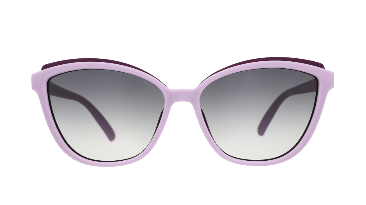 Front view of lavender cat-eye Pounce G sunglasses with dark purple accents and dark gray gradient lenses.