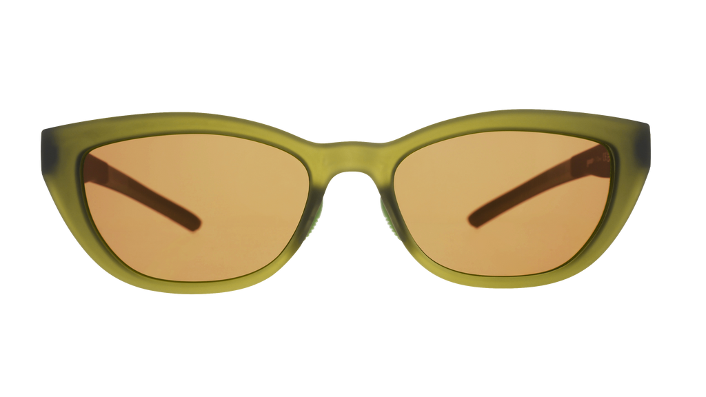 Front view of translucent olive green Cheetah G cat-eye sunglasses with brown non-reflective lenses.