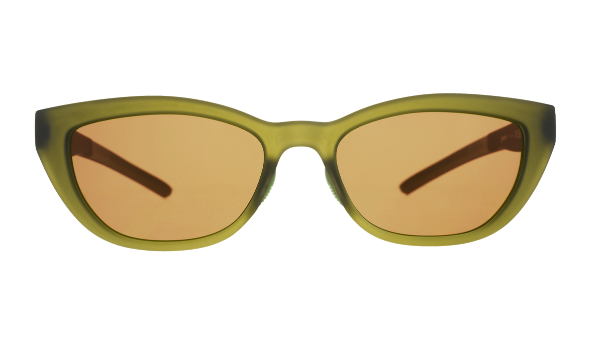 Front view of translucent olive green Cheetah G cat-eye sunglasses with brown non-reflective lenses.