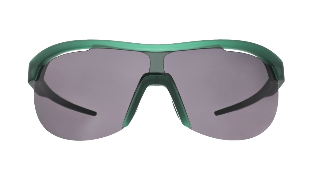 Front view of translucent dark green Sonic G shield sunglasses with vented black non-reflective lenses.