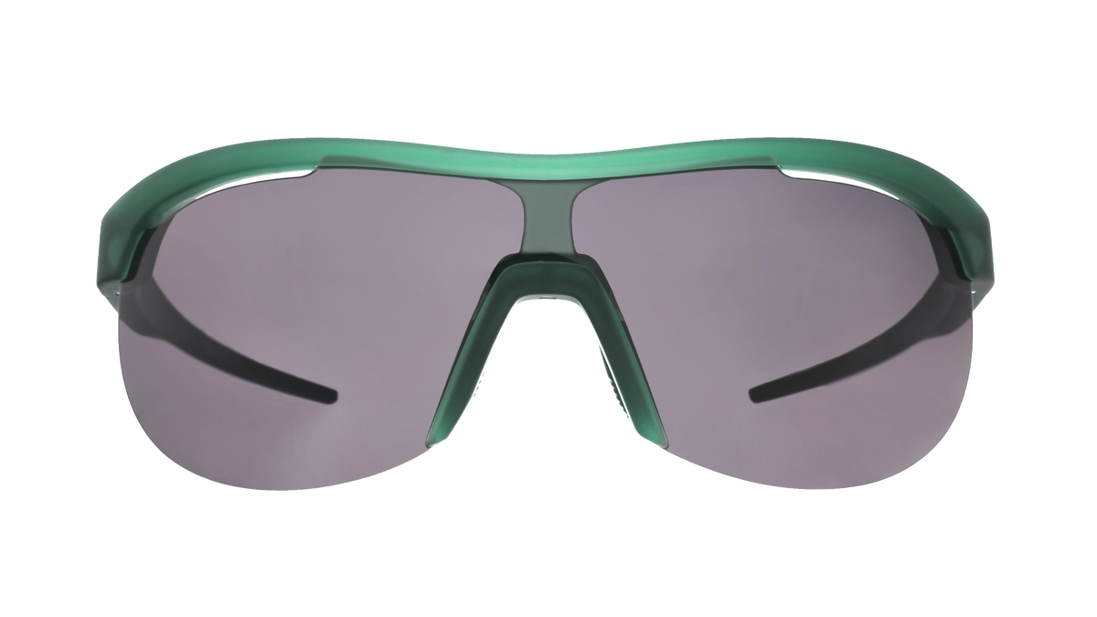 Front view of translucent dark green Sonic G shield sunglasses with vented black non-reflective lenses.