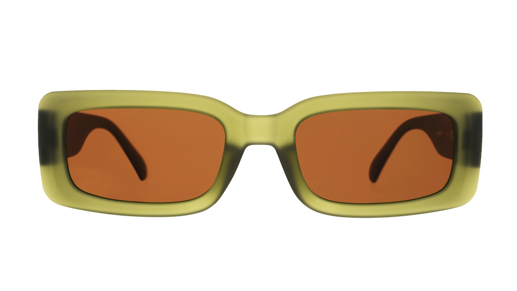 Front view of rectangular Luxe G sunglasses in translucent olive green with brown non-reflective lenses.