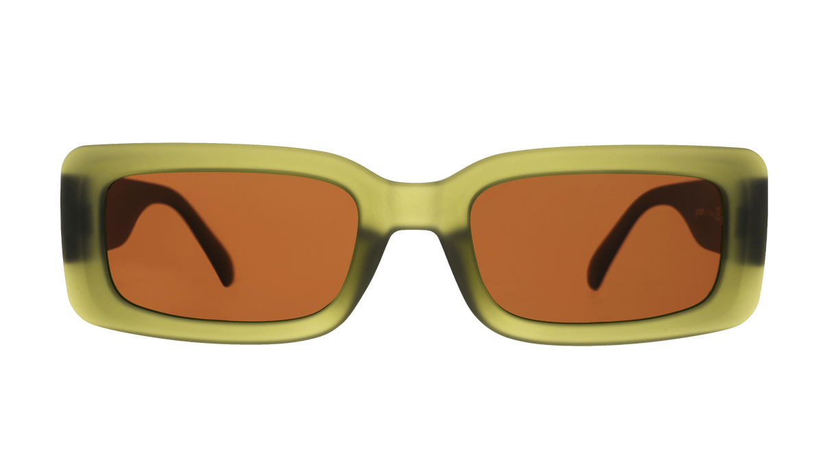 Front view of rectangular Luxe G sunglasses in translucent olive green with brown non-reflective lenses.