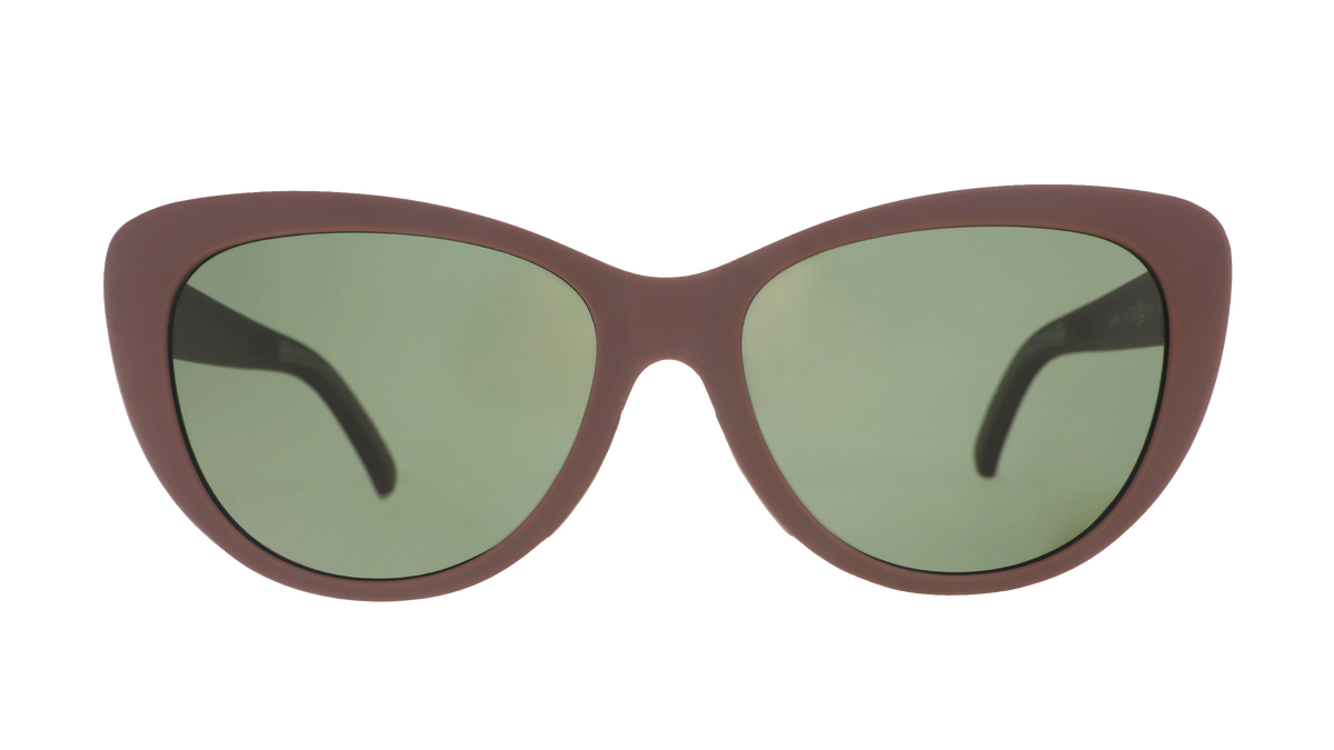 Front view of opaque brown Glam G cat-eye sunglasses with green non-reflective lenses.