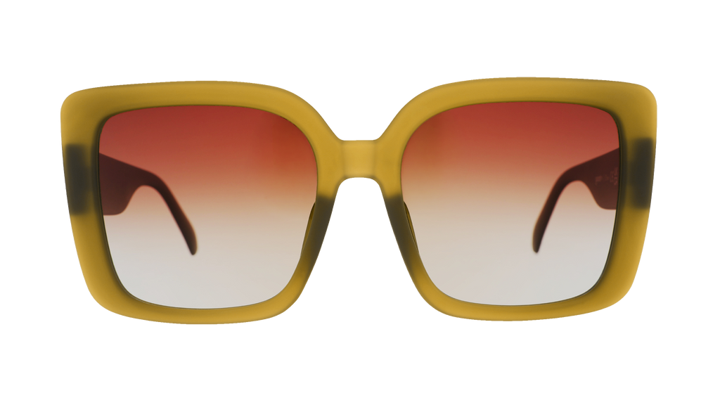 Front view of translucent, oversized square Amp Gs in a dusted-ochre hue with brown-gray gradient lenses.
