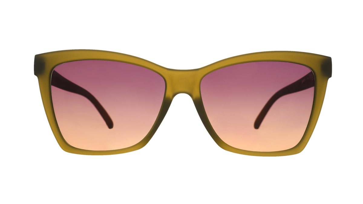 Front view of translucent ochre angular cat-eye Pop Gs with purple-yellow gradient lenses.