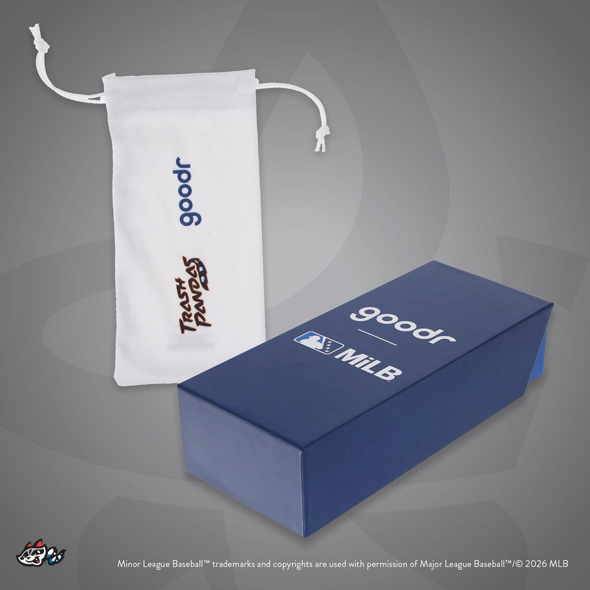 Front view of custom Minor League Baseball-themed packaging with a patterned microfiber bag and box.