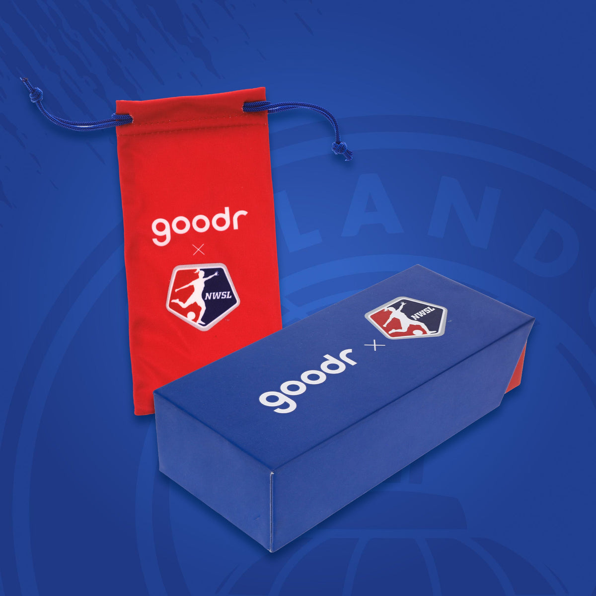 Red drawstring bag and blue box with 'goodr' and 'NWSL' logos on a blue background